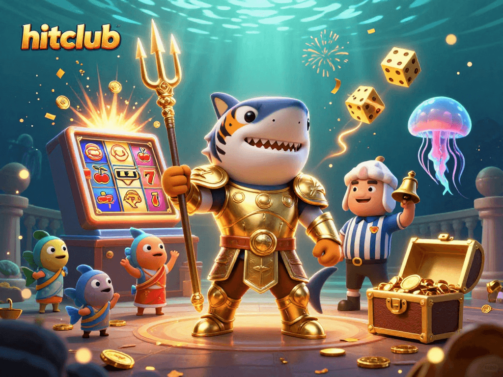 Experience thrill with hitclub's underwater casino adventure featuring a trident-wielding shark.