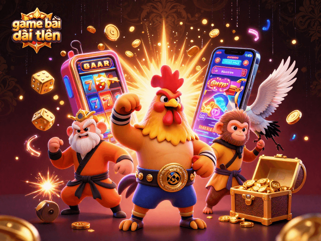 Engage in thrilling game bài đổi thưởng with a vibrant 3D casino scene featuring colorful characters and jackpot elements.