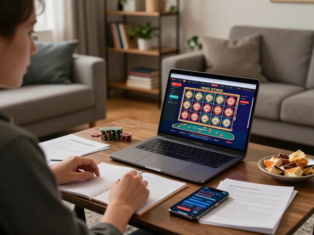 Engaged player enjoying online casinos in Canada from a cozy living room, showcasing vibrant gaming interface on laptop.