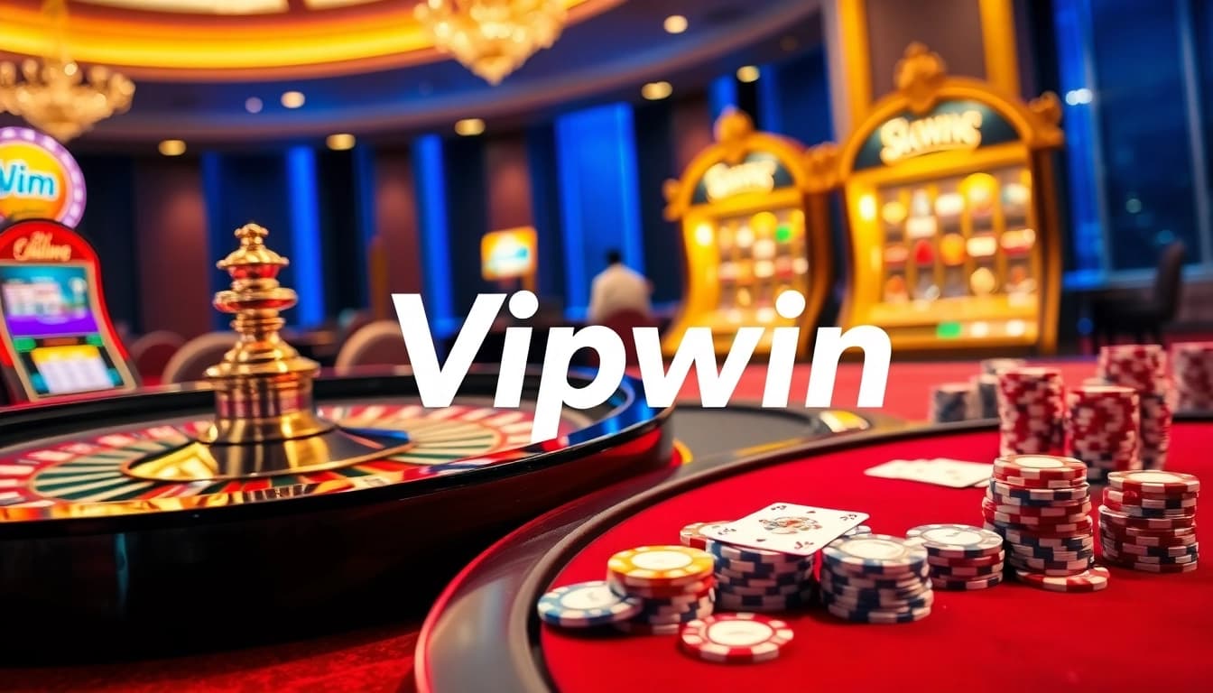 Experience high-stakes gaming at Vipwin's exquisite casino with vibrant roulette and poker elements.