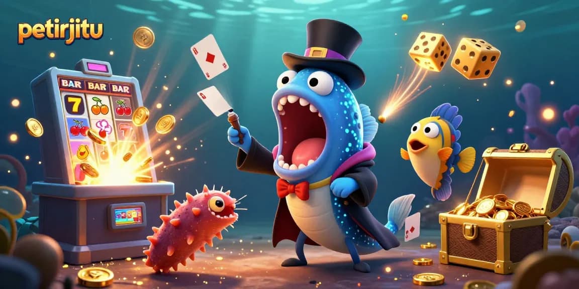 Permainan slot menarik di petirjitu, dengan ikan gulper beraksi di bawah laut.