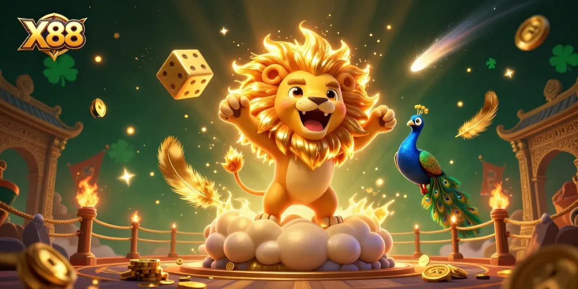 X88 players winning big in a vibrant 3D casino scene with golden dice and dynamic gaming elements.