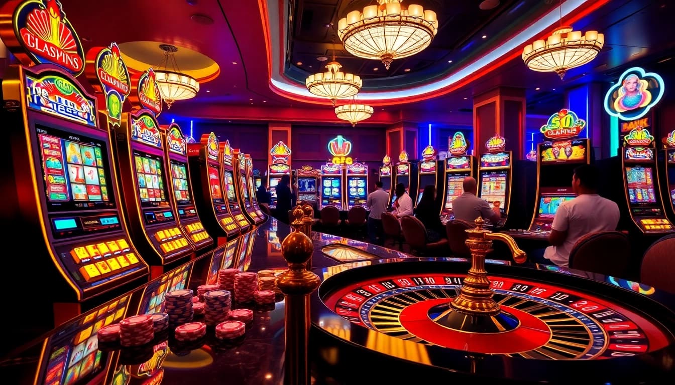 Players winning on SLOTS8 slot machines in a luxurious casino setting filled with excitement.