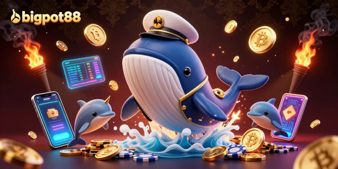 Experience the vibrant action at bigpot88 with a cartoon whale and dolphins amidst coins and crypto elements.