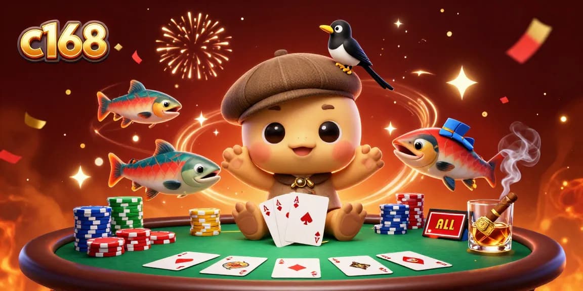 Experience dynamic gambling action with c168 as playful characters surround a vibrant poker scene.