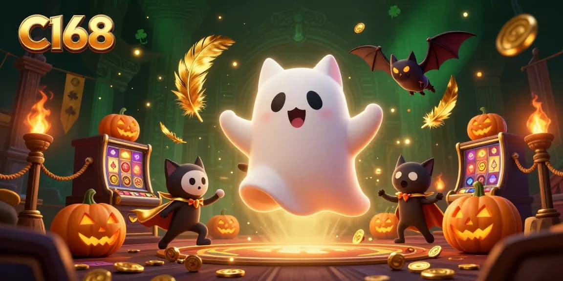 Engage with thrilling games at C168's vibrant casino scene featuring a ghostly cat and bat companion.