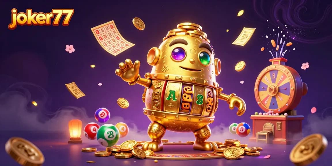 Experience thrilling joker77 gaming action with a golden golem, lottery balls, and vibrant casino elements.