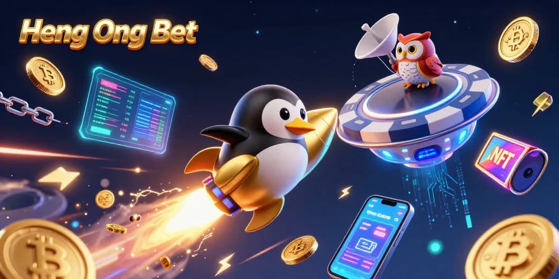 Win with Heng Ong Bet in a vibrant 3D casino-themed illustration featuring a golden penguin and slot reels.