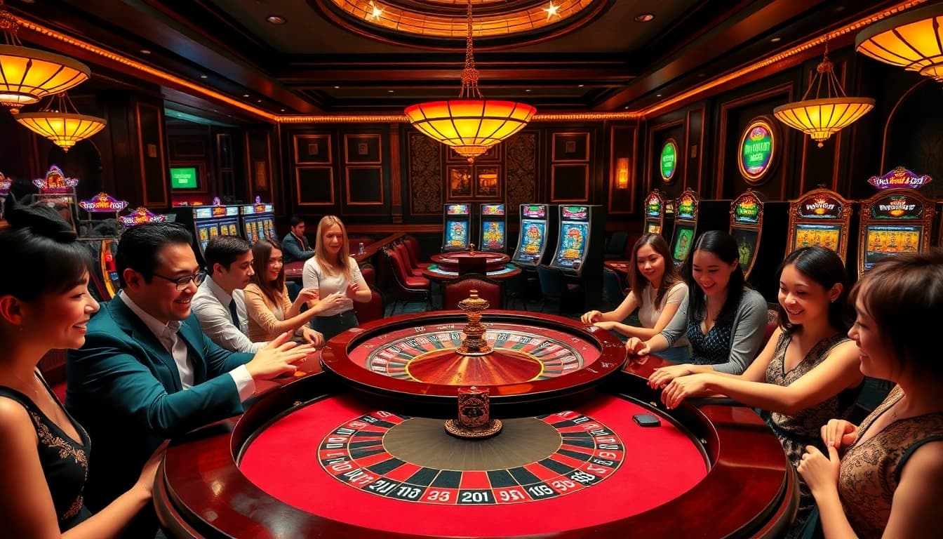 Exciting casino atmosphere with players at the roulette table, featuring nhà cái Man88 for an engaging gambling experience.