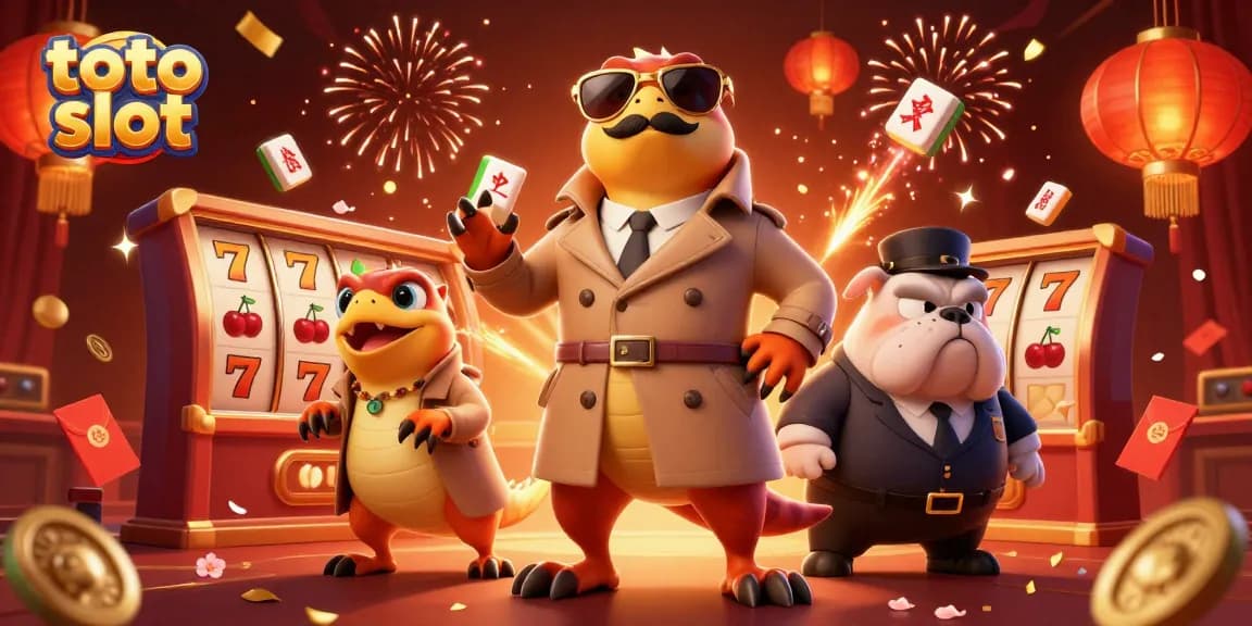 Engage in the excitement of toto slot with playful raptors entering a VIP casino, surrounded by lucky symbols.