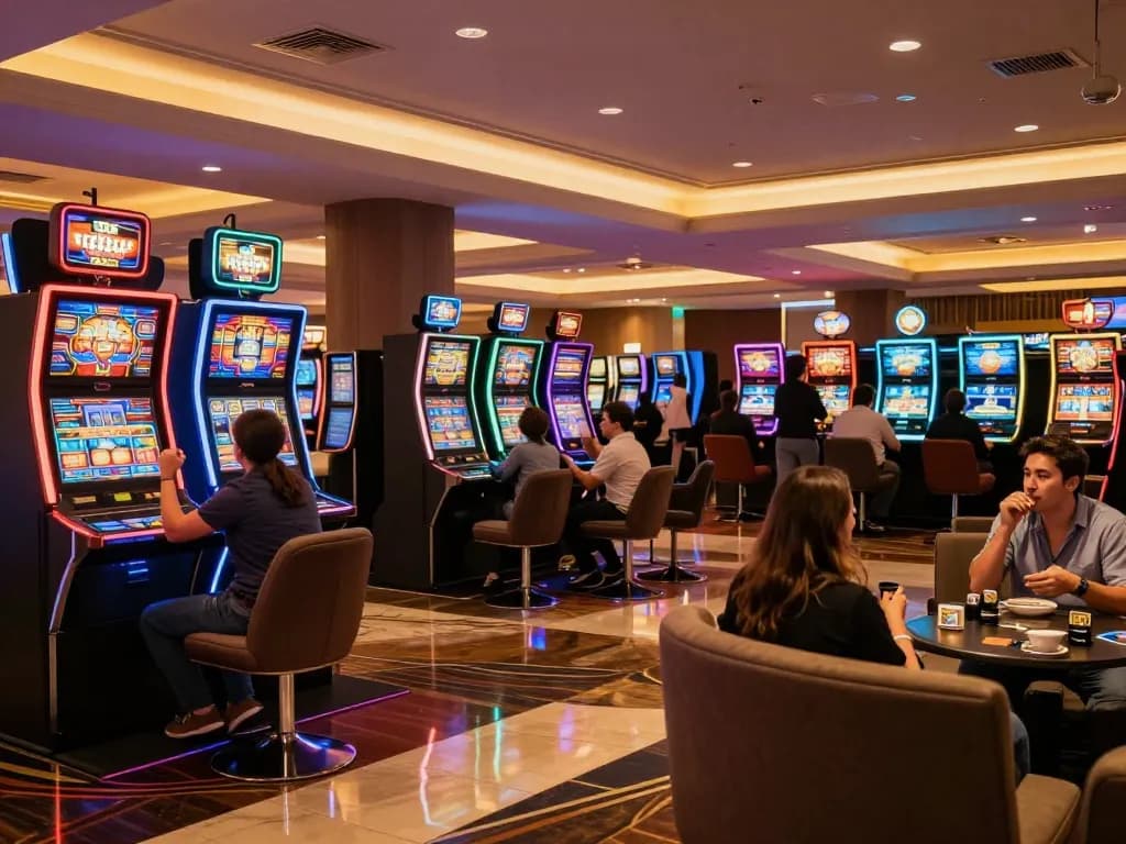 Excited players enjoying vibrant slot machines at TD88, capturing the lively atmosphere of online gaming excitement.