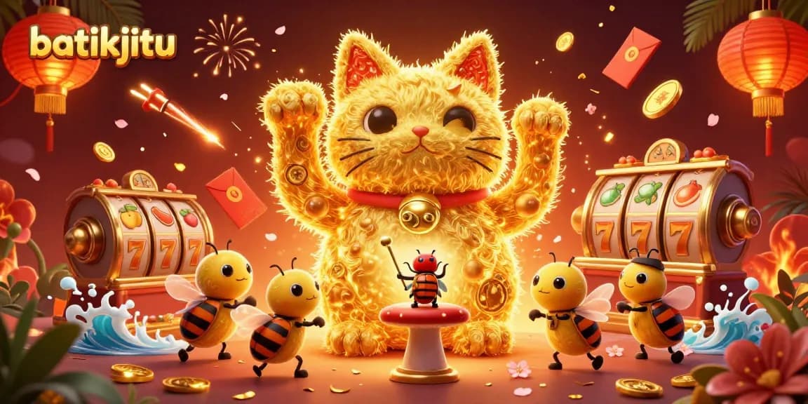 Menangkan keberuntungan dengan batikjitu, kucing keberuntungan berdesain 3D dikelilingi simbol kasino.