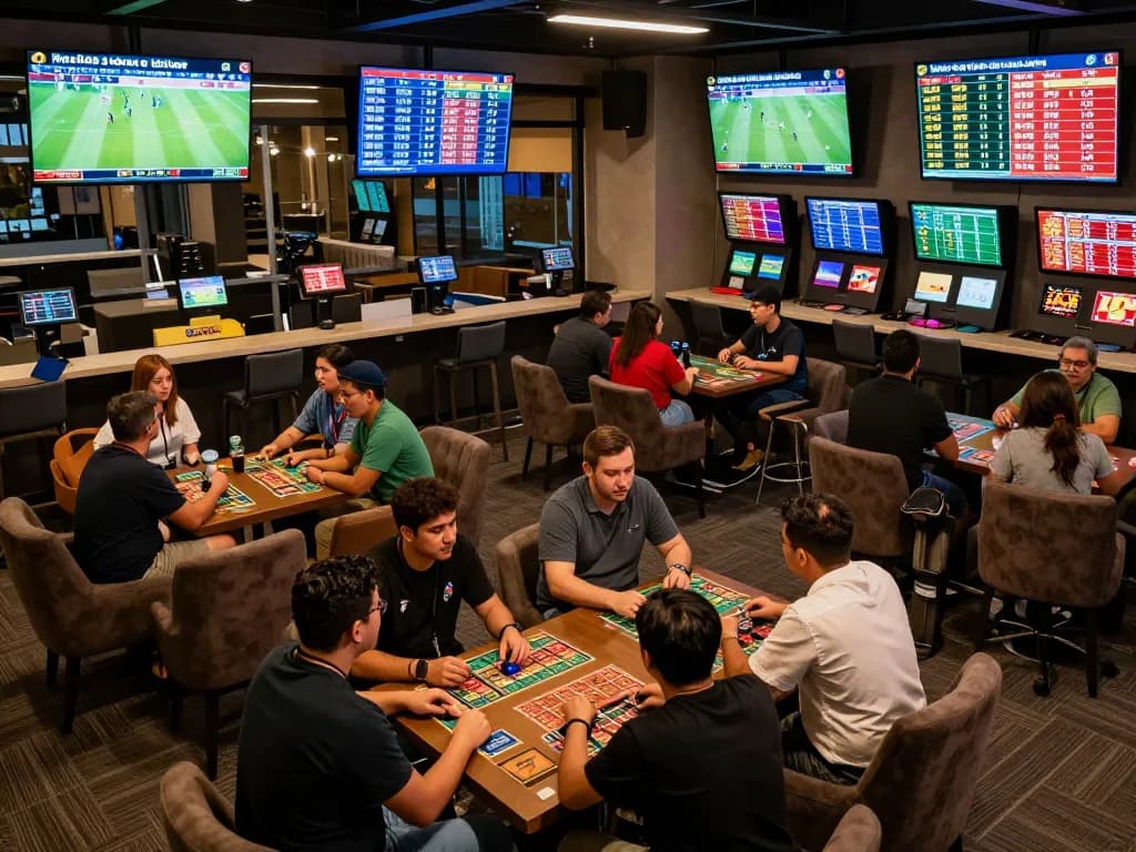 Fans engaging in kèo bóng đá trực tuyến betting at a modern sportsbook lounge with screens and betting slips