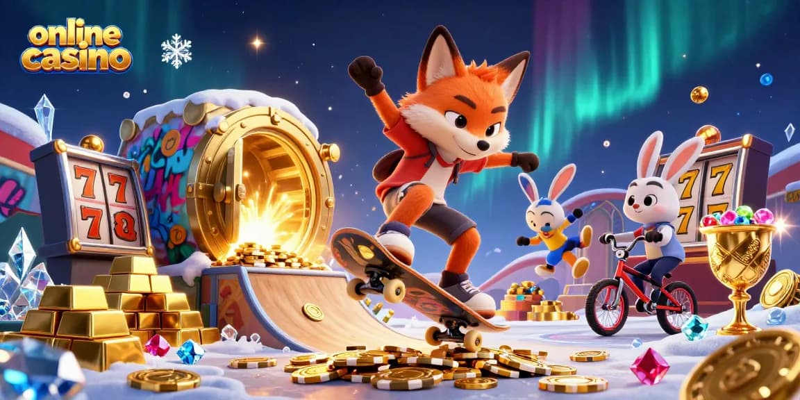 Experience thrilling wins at an online casino with a skateboarder fox and BMX rabbit amidst golden riches.