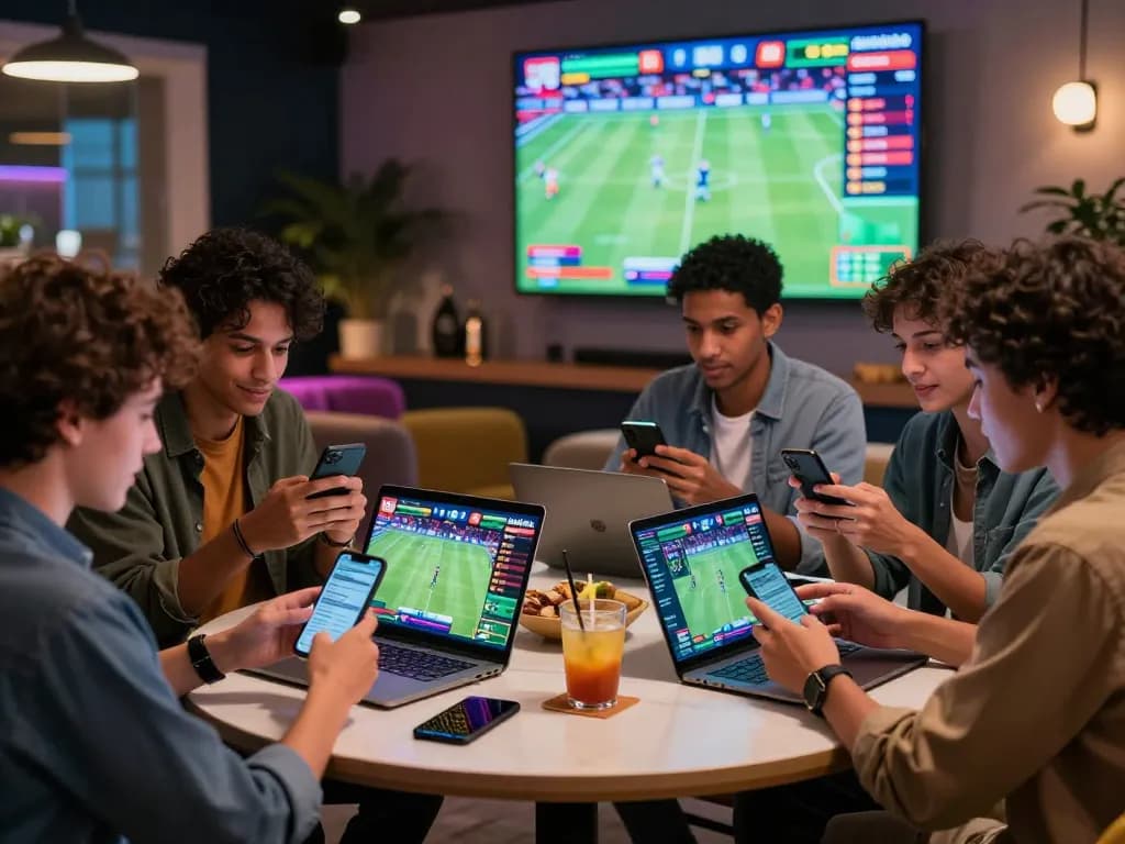 Kumpulan orang dewasa muda menikmati taruhan online dengan link mix parlay di suasana lounge yang hidup.