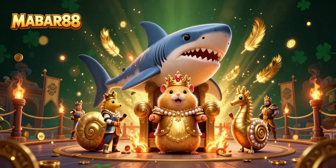 MABAR88 offers thrilling casino vibes as a golden hamster king rules from a megalodon throne in an enchanted arena.