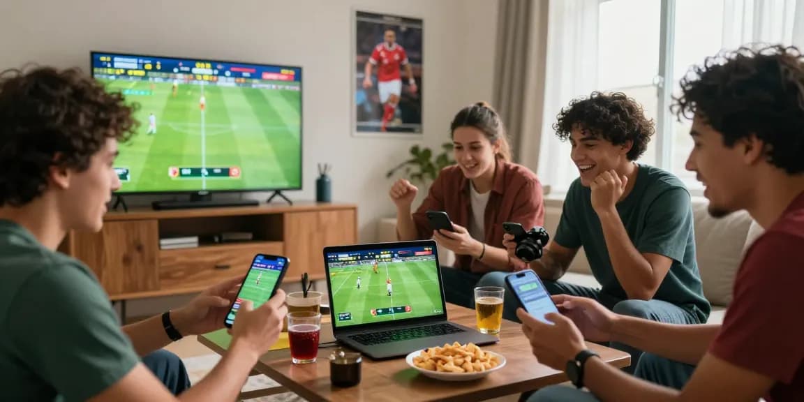 Friends enjoying online betting at https://online-esportes-da-sorte-paraguay.com/ during a live football match, capturing their excitement and engagement.