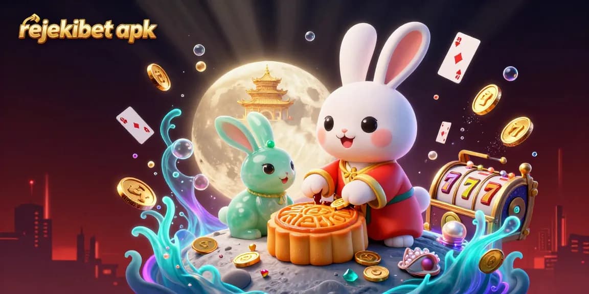 Experience the thrill of rejekibet apk as the moon rabbit reveals poker chips while surrounded by vibrant casino elements.