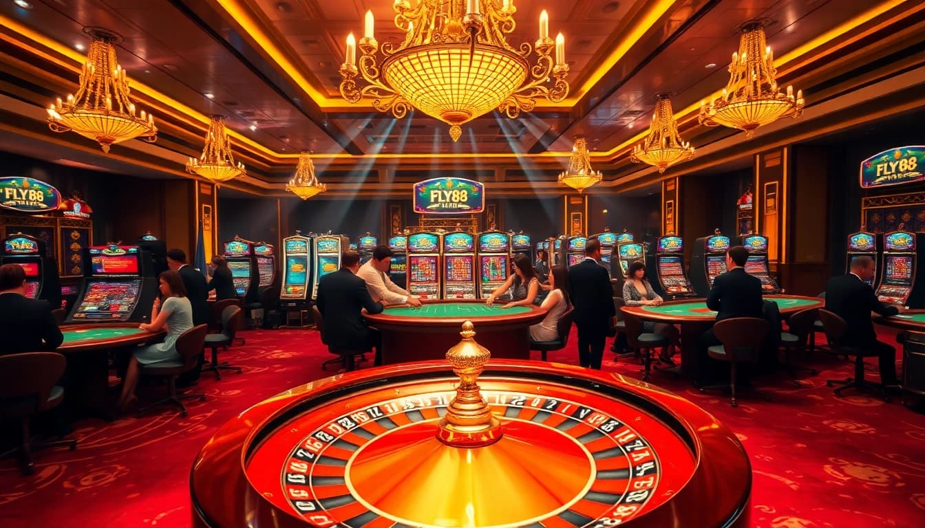 Players enjoy thrilling casino games at FLY88, showcasing excitement and luxury in a vibrant gambling setting.