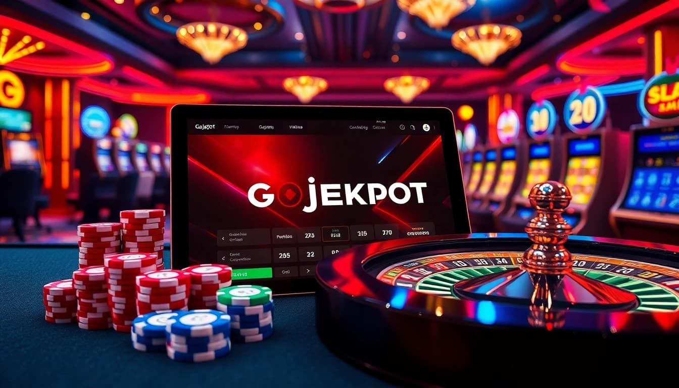 Engage with gojekpot's thrilling online gambling interface amidst luxurious casino elements.