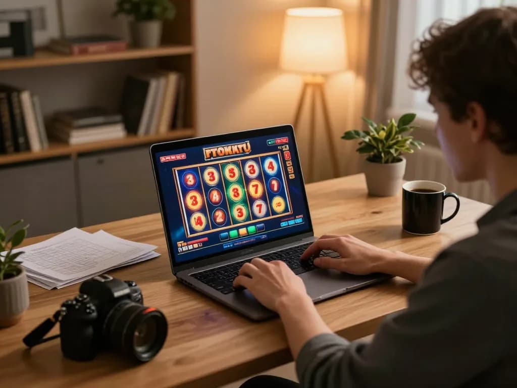 Engaging player utilizing laptop for toto slots in a cozy home setting