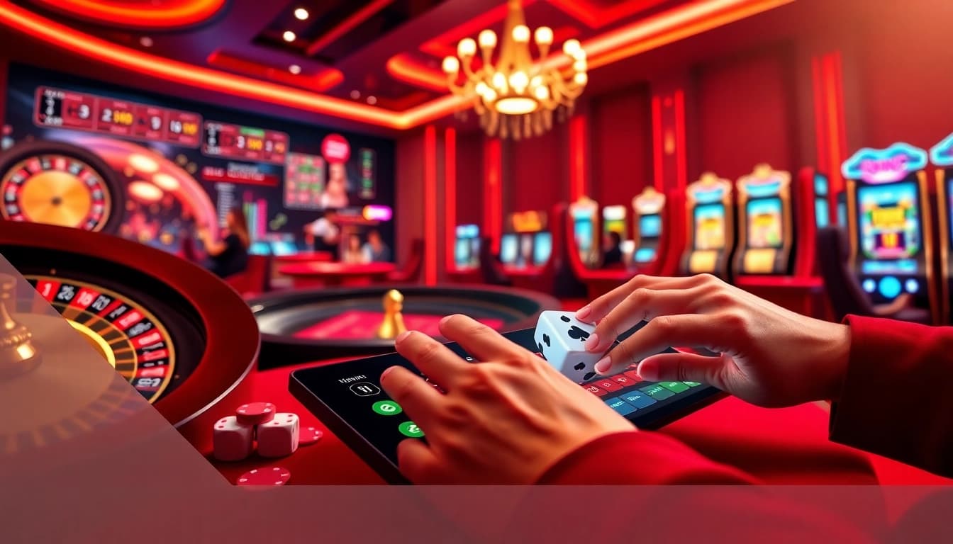 Experience thrilling online gambling at https://asisco.ae.org/ with a vibrant casino scene featuring roulette wheels and poker chips.