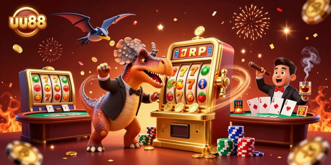 uu88 jackpot scene with lucky characters celebrating casino wins, dynamic slot machine and exciting action