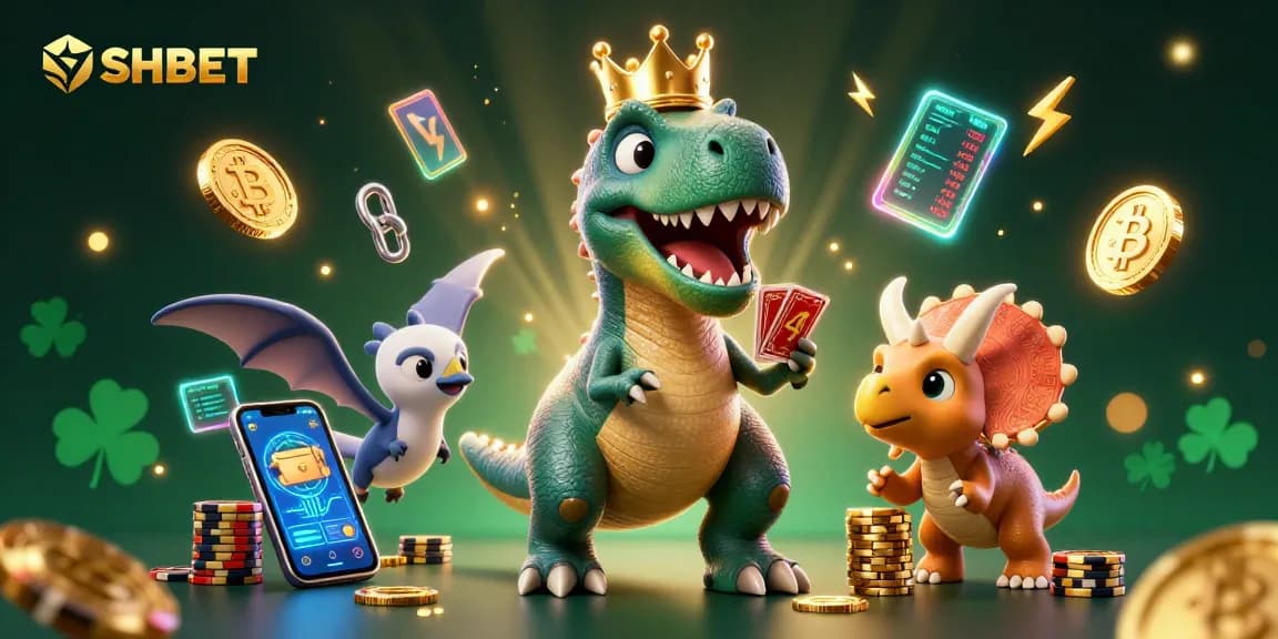 Enjoy exciting gameplay with SHBET as a T-Rex and friends shuffle cards and stack chips in a vibrant casino scene.