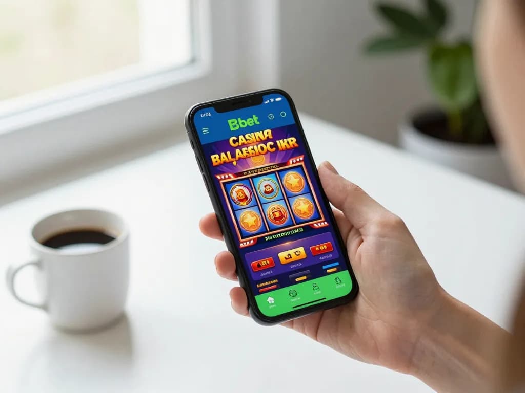 Bbet player engaging with a smartphone casino app, showcasing vibrant graphics and responsible gaming.