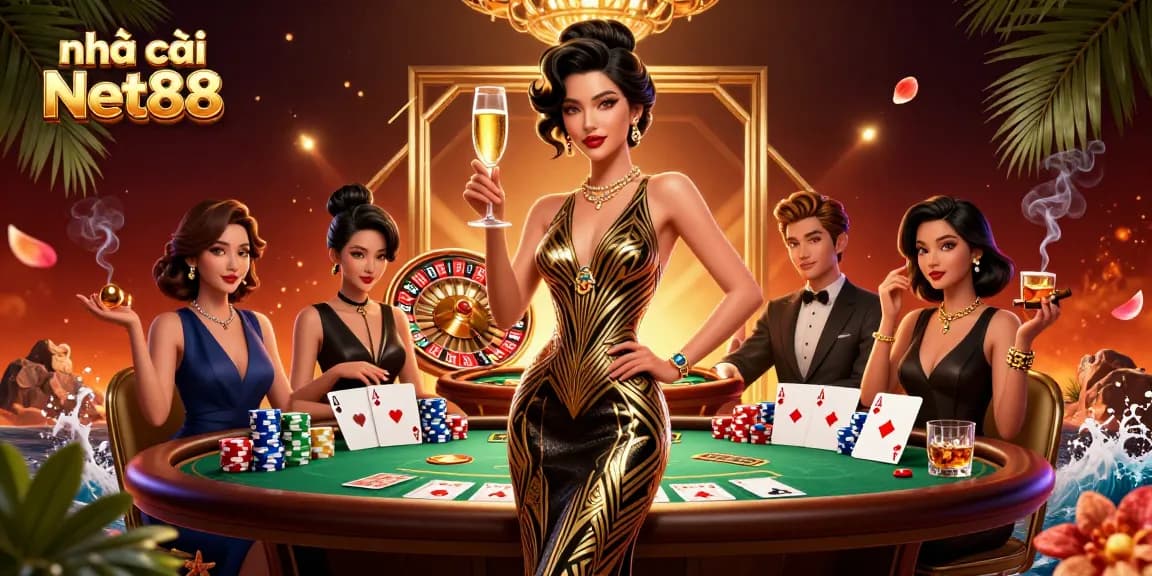 Experience the thrill at nhà cái Net88 with a glamorous casino scene showcasing poker and roulette excitement.