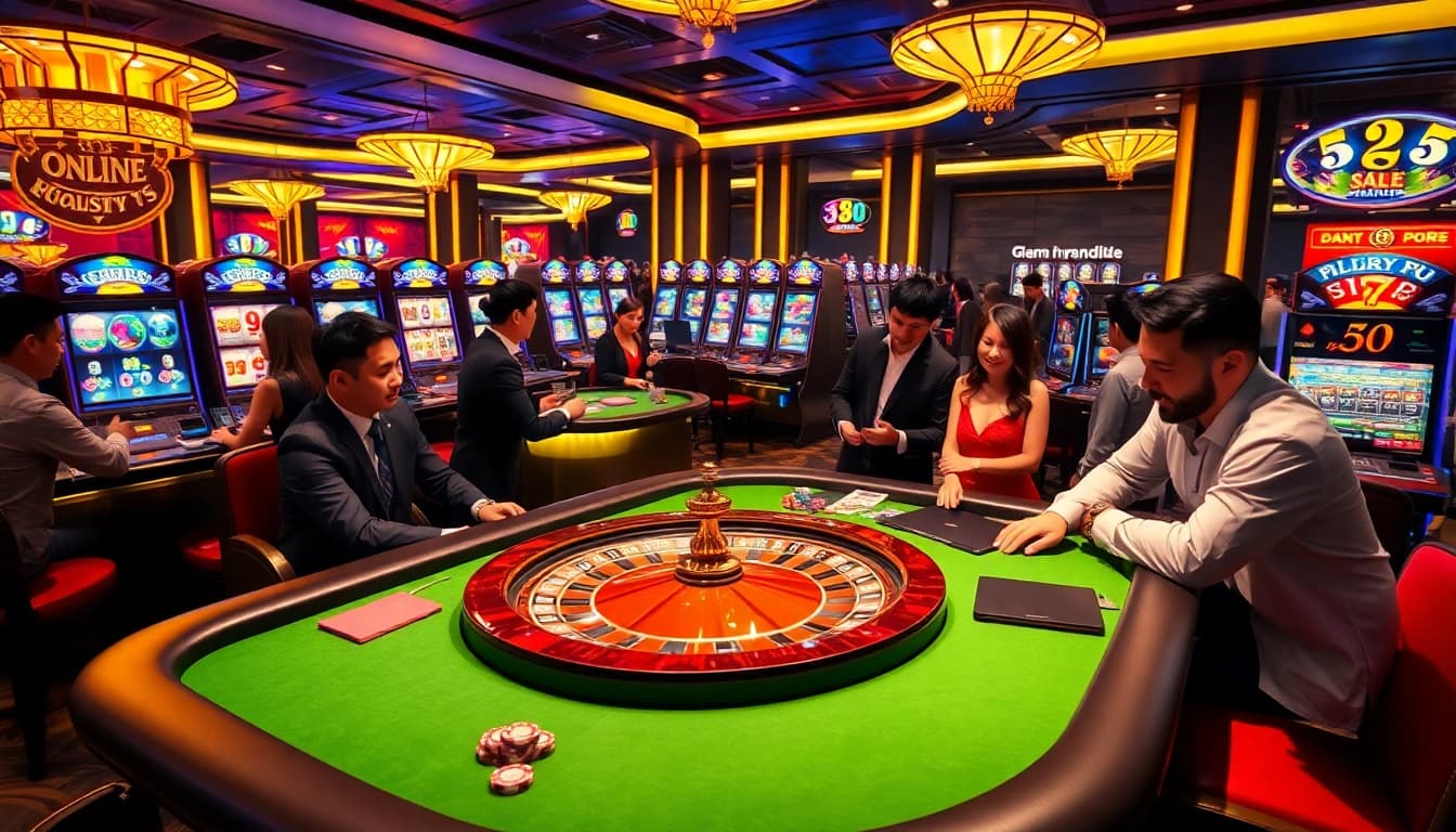 Exciting game scene showcasing nhà cái 789club with players at casino tables and slot machines.