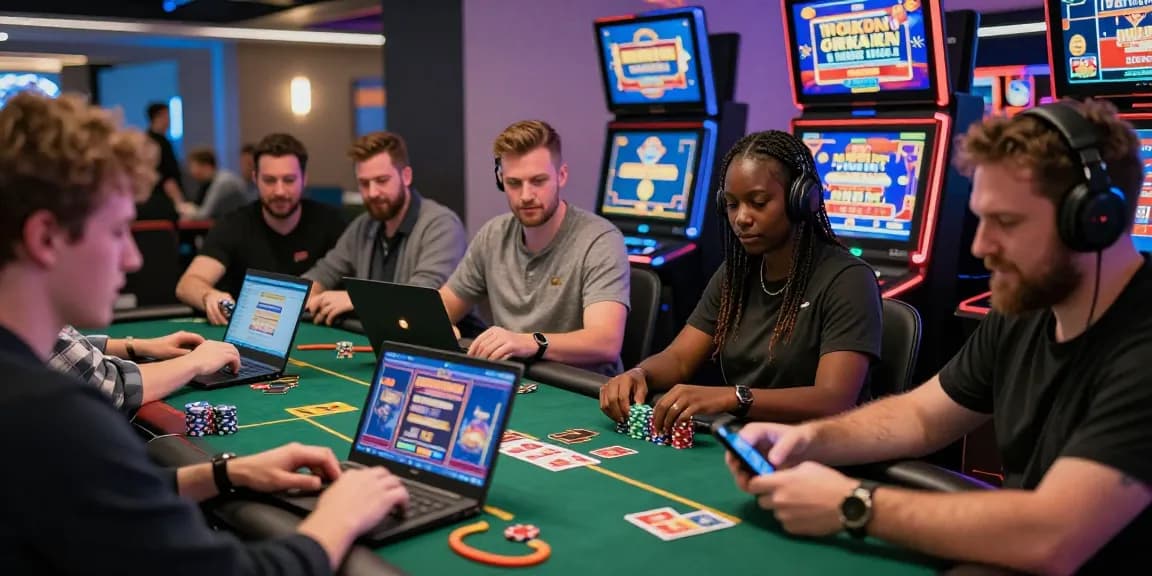 Casual players enjoying games at non-UK casinos online via laptops and smartphones at https://hrnd.co.uk, showcasing vibrant gaming environment.