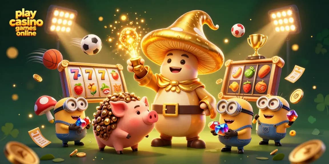 Play casino games online with a vibrant 3D illustration featuring a magical mushroom wizard and jackpot elements.