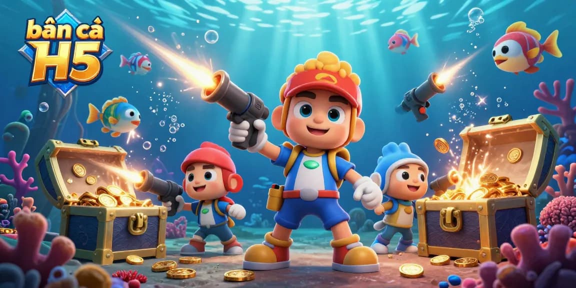 Bắn cá H5 captures thrilling underwater action with colorful fish and treasure chests bursting with coins.