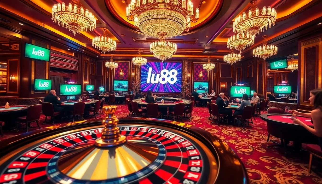 Gambling thrill at lu88 casino with players enjoying poker and roulette under luxurious chandeliers.