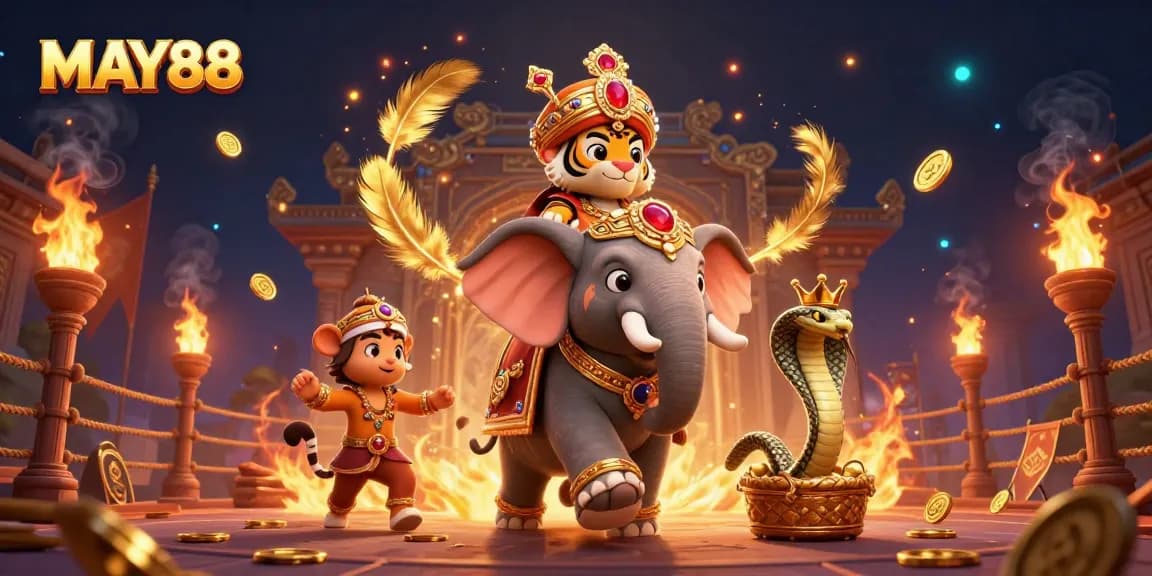 MAY88 features a vibrant, dynamic scene with a maharaja tiger and casino elements, emphasizing thrilling gameplay.