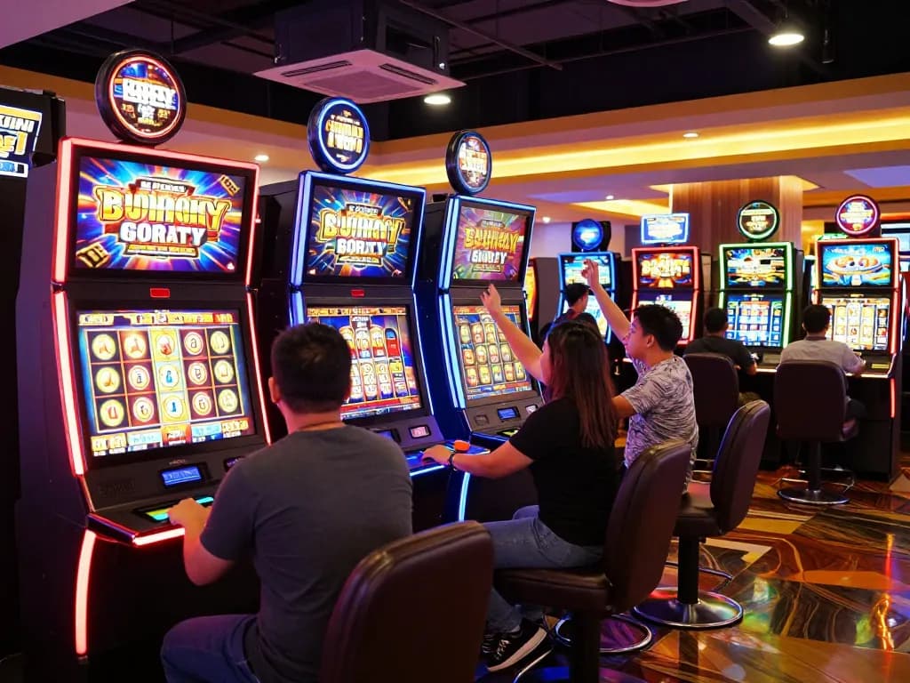 Players engaged with slot gacor machines celebrating wins in an energetic casino atmosphere.