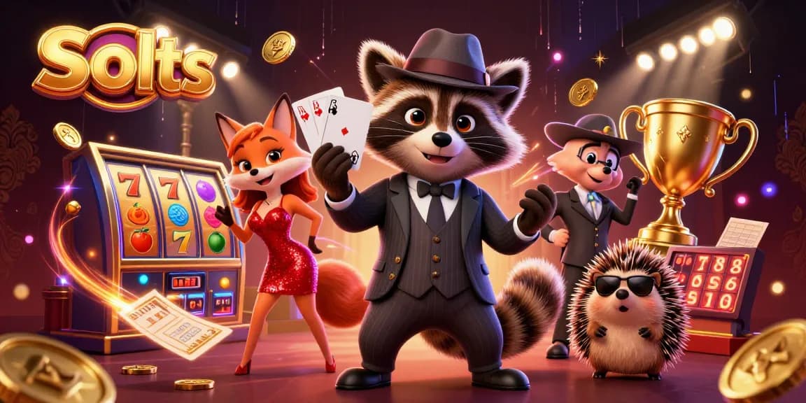 Spin winning slots with a suave raccoon, glamorous fox, and cool hedgehog surrounded by dynamic casino elements.