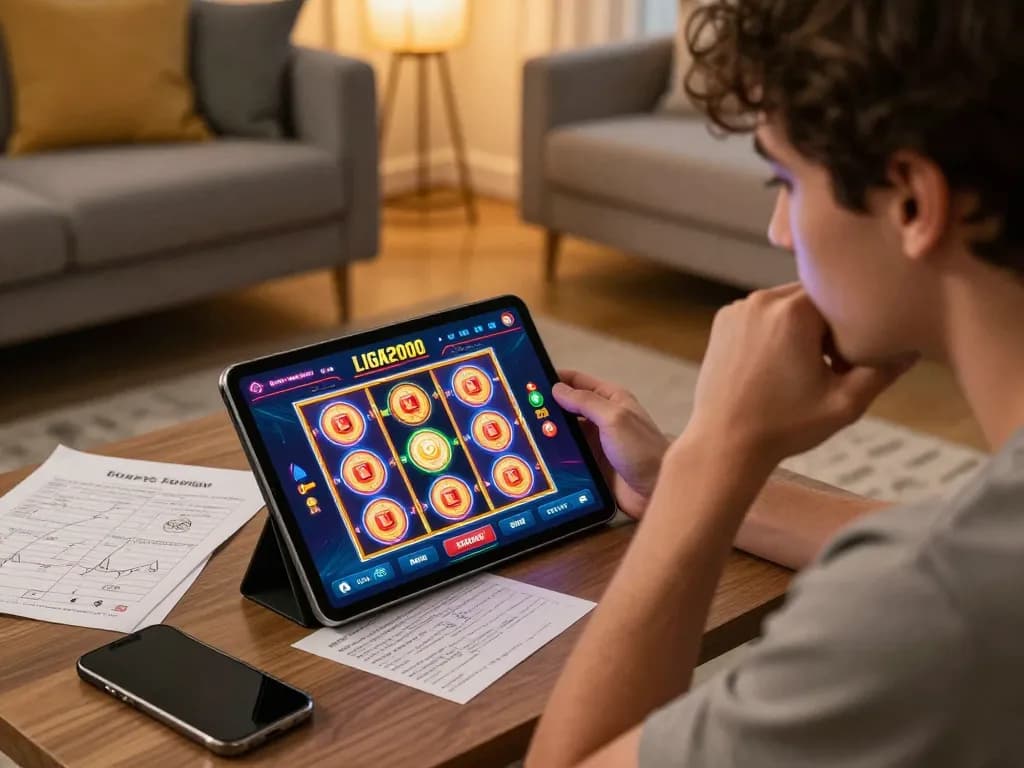 LIGA2000 player engaging with tablet app for responsible gaming in cozy home setup.
