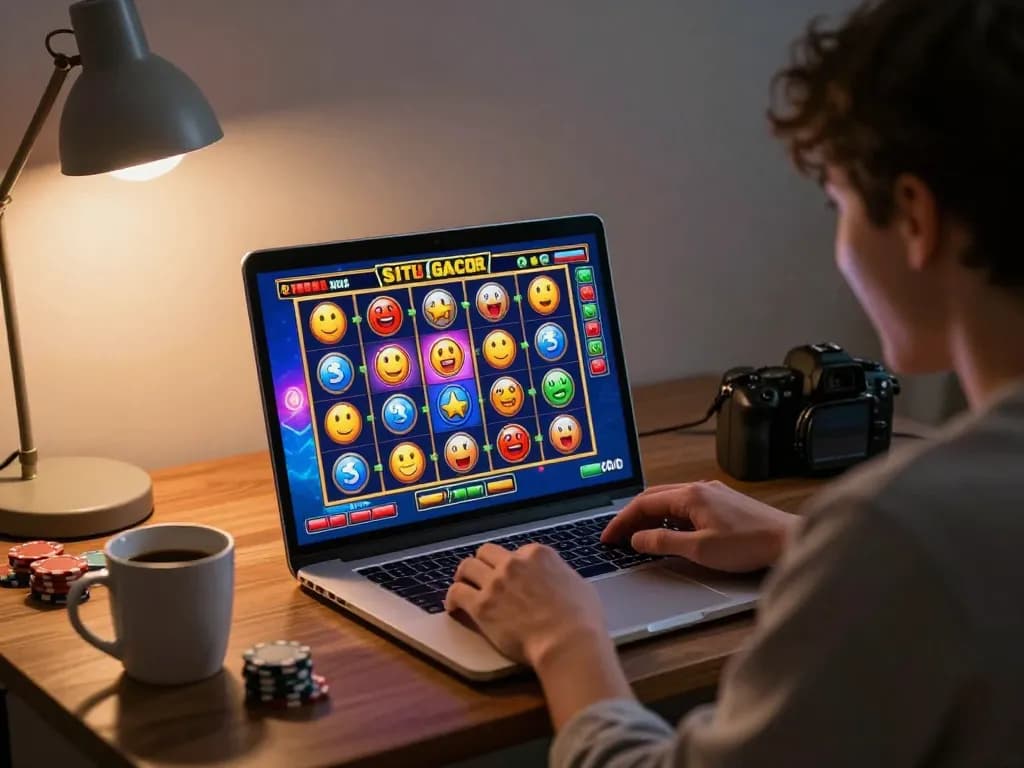 Player celebrating a win on situs slot gacor while playing online slots at home, showcasing excitement and vibrant game graphics.