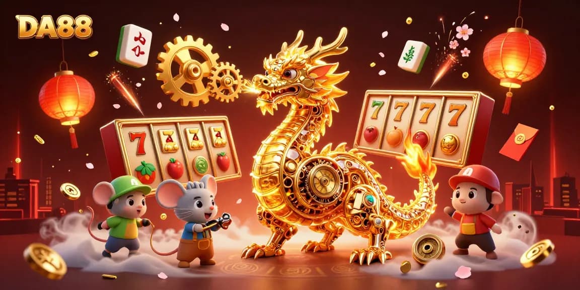 Engage with DA88 as a golden dragon unleashes slot reels and festive elements in a vibrant casino.