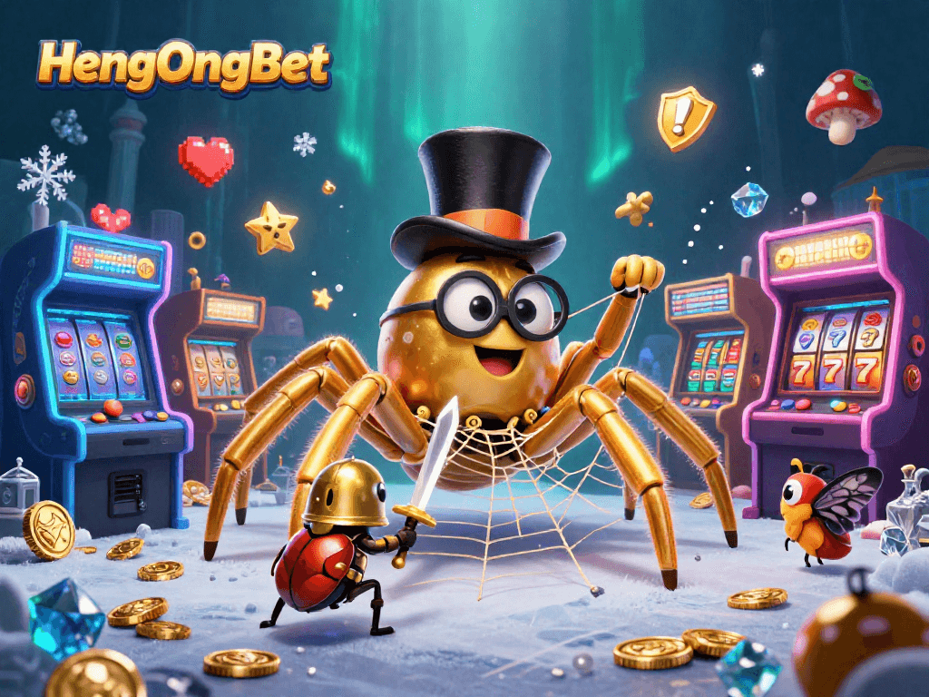 Immerse in the world of HengOngBet with a vibrant 3D illustration featuring a golden tarantula, beetle knight, and interactive casino elements.