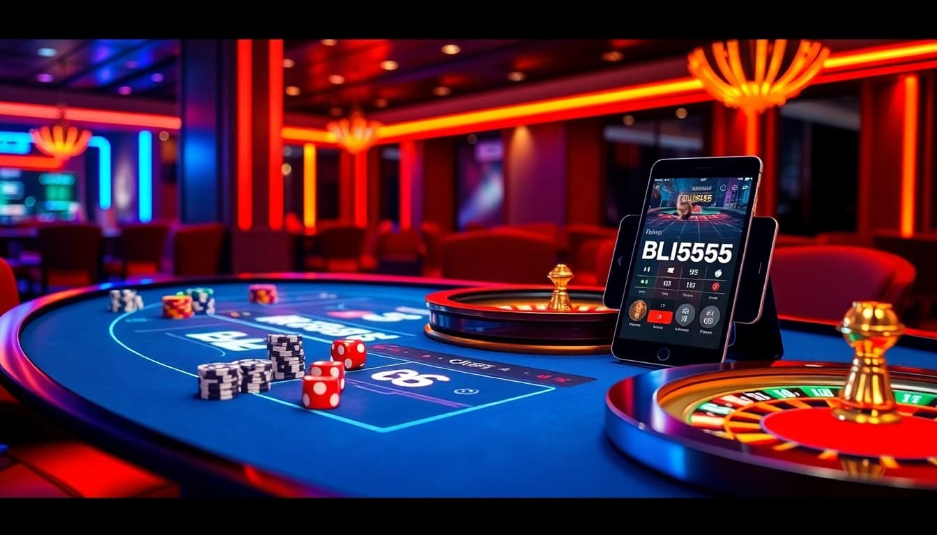 Bl555 interactive casino experience featuring vibrant virtual gaming elements and casino tables.