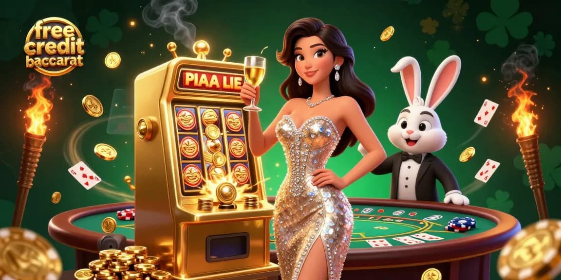 Experience thrilling free credit baccarat with a stylish woman toasting beside a jackpot slot machine.