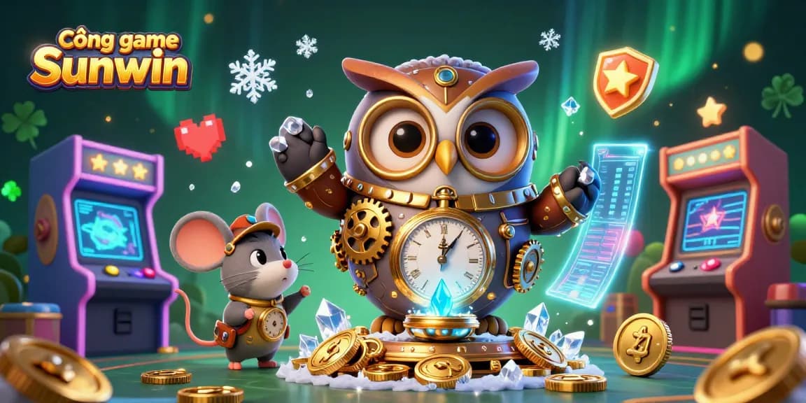 Cổng game Sunwin features a steampunk owl and mouse amidst dynamic casino elements, showcasing vibrant 3D gaming action.