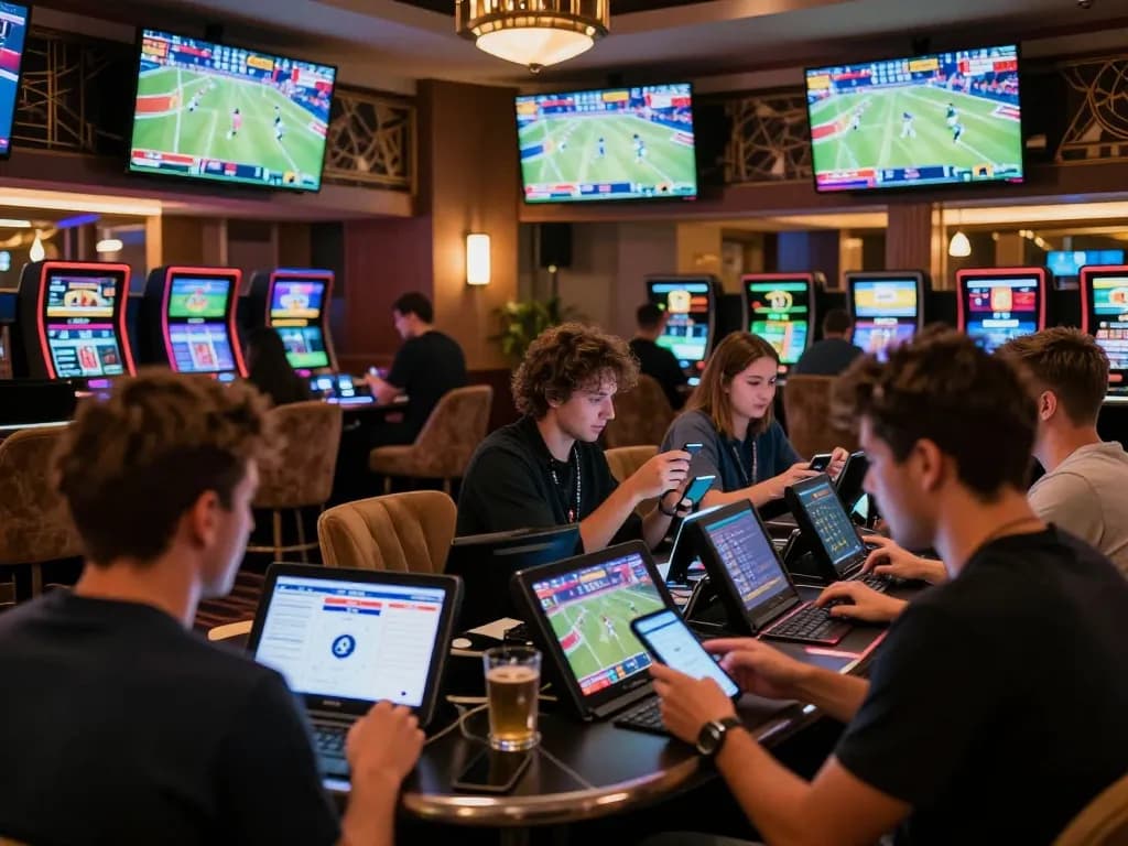 Engaged gamblers strategizing on GO88 sports betting app in a lively lounge atmosphere.