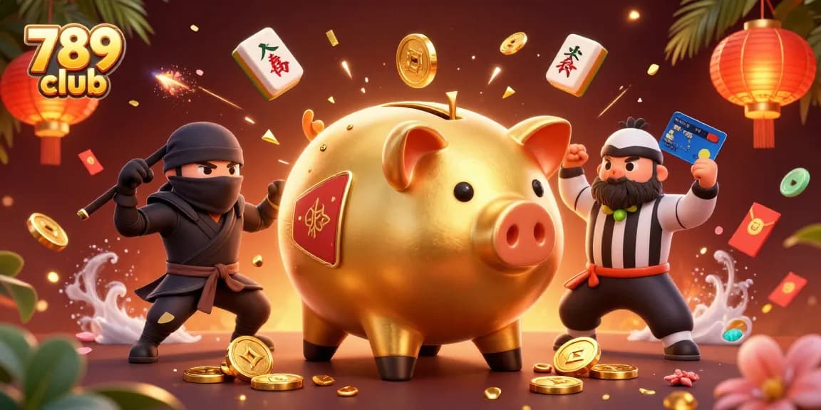 Engage in thrilling gameplay with 789 Club featuring a golden piggy bank sumo wrestler and exciting casino elements.