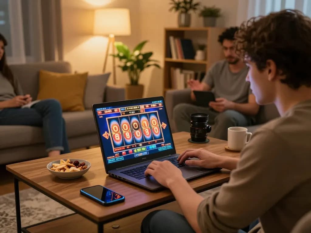 Player enjoying link gacor thrills on a laptop while engaging with online slot games at home.