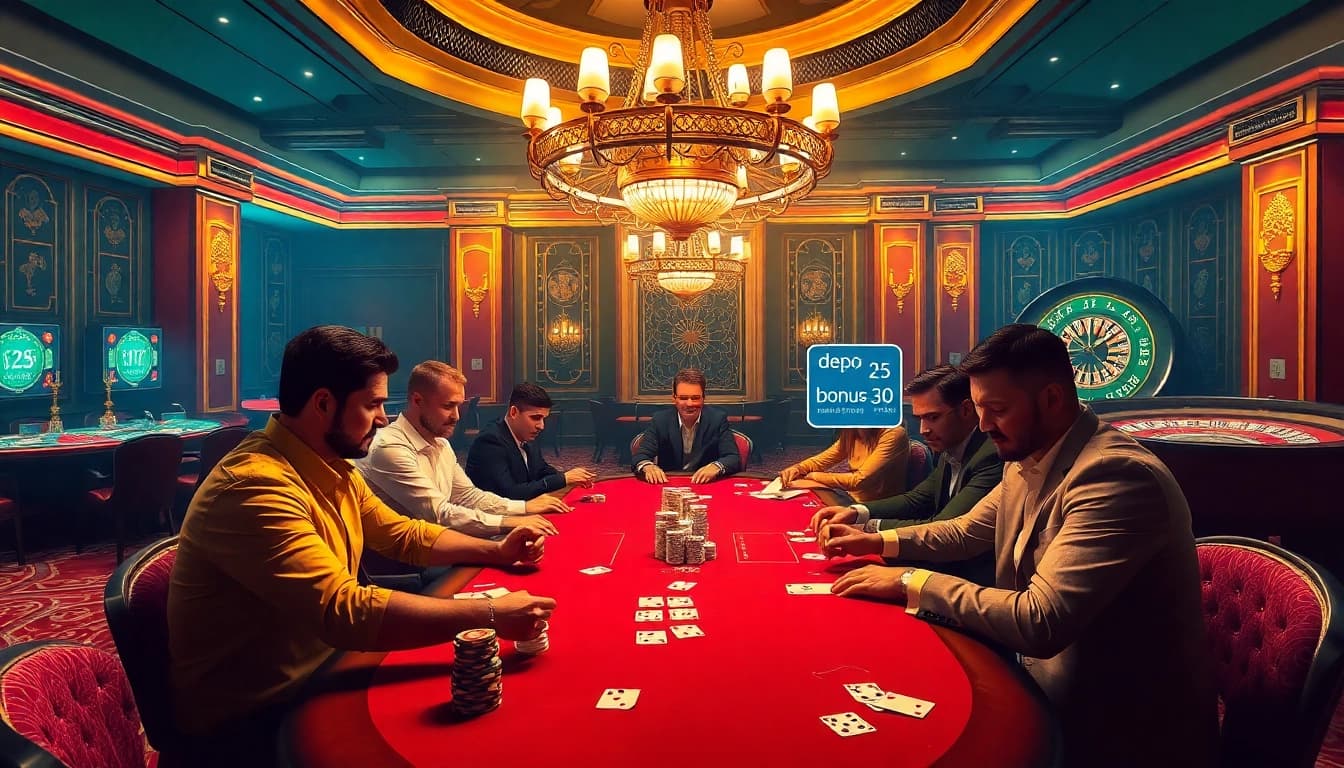 High-stakes poker game with luxurious decor and players celebrating depo 25 bonus 30 excitement.