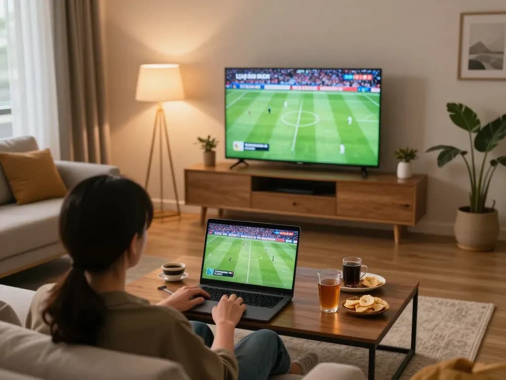 Lương Sơn TV streaming a live football match on a laptop in a cozy living room.